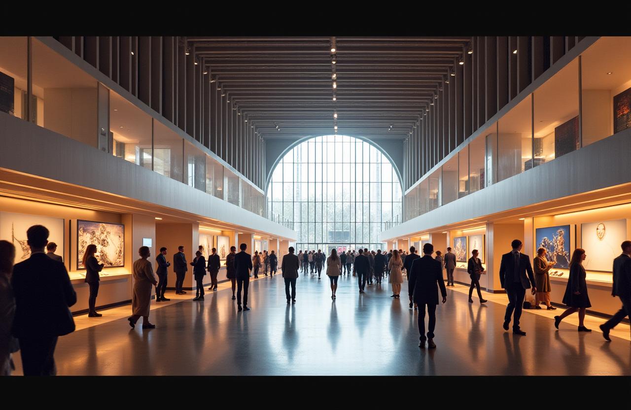 Vue d'overview d'un salon d'exposition élégant avec des visiteurs
